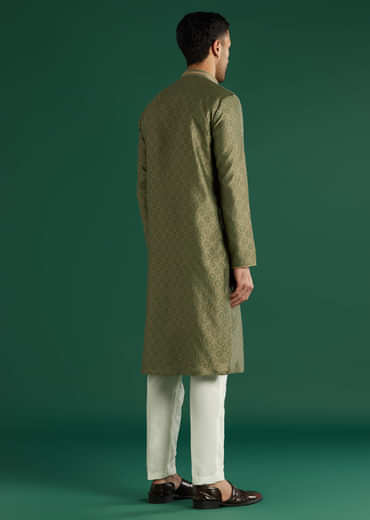 Green Silk Kurta Set For Men With Brocade Work