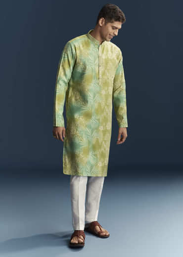 Green Silk Kurta Set For Men With Floral And Abstract Print