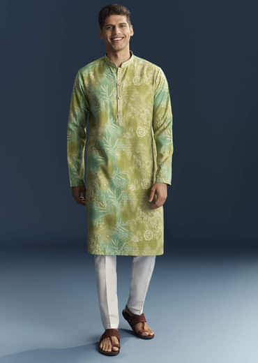 Green Silk Kurta Set For Men With Floral And Abstract Print