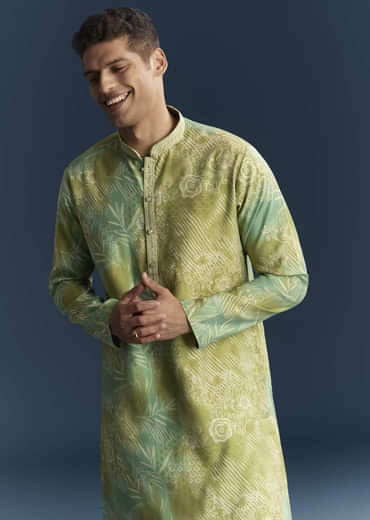 Green Silk Kurta Set For Men With Floral And Abstract Print