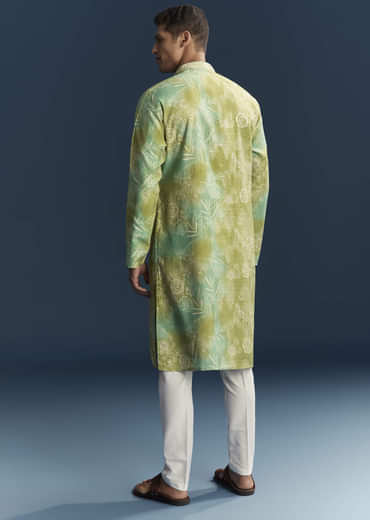 Green Silk Kurta Set For Men With Floral And Abstract Print