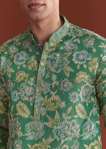 Green Silk Kurta Set For Men With Floral Resham Work