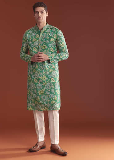 Green Silk Kurta Set For Men With Floral Resham Work