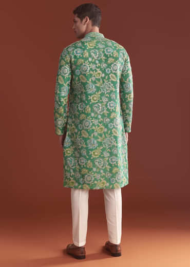 Green Silk Kurta Set For Men With Floral Resham Work
