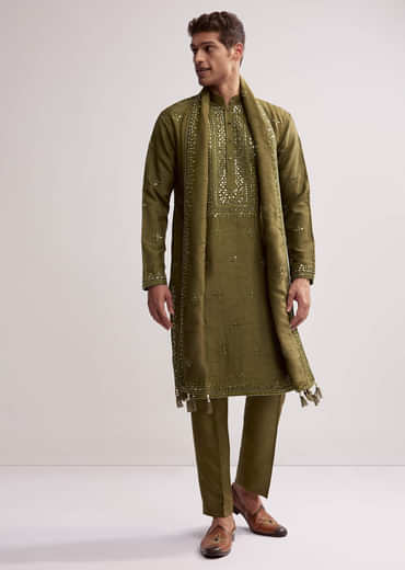 Green Silk Kurta Set For Men With Hand Embroidery