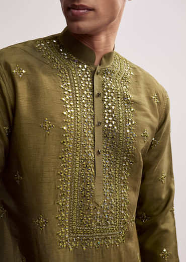 Green Silk Kurta Set For Men With Hand Embroidery
