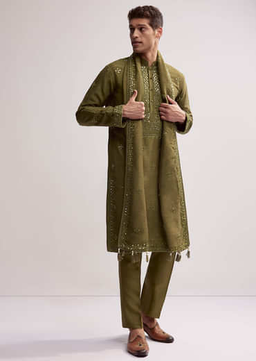 Green Silk Kurta Set For Men With Hand Embroidery