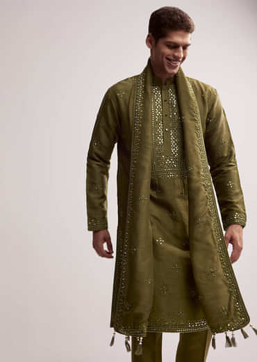 Green Silk Kurta Set For Men With Hand Embroidery