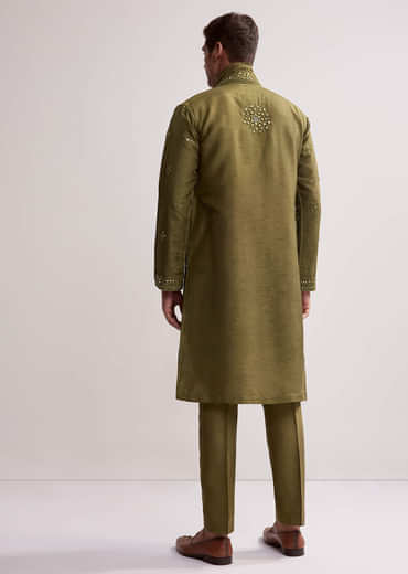 Green Silk Kurta Set For Men With Hand Embroidery