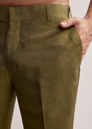 Green Silk Kurta Set For Men With Hand Embroidery