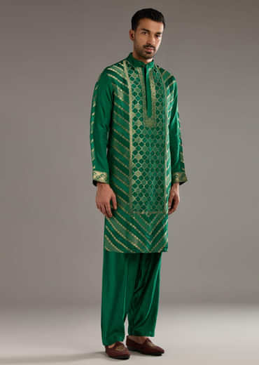 Green Silk Kurta Set For Men With Handwoven Jacquard Work