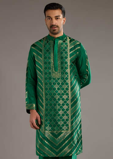 Green Silk Kurta Set For Men With Handwoven Jacquard Work
