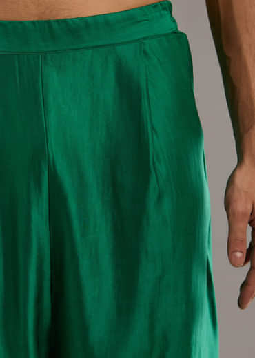 Green Silk Kurta Set For Men With Handwoven Jacquard Work