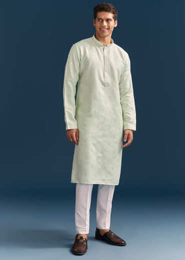 Green Silk Kurta Set For Men With Mirror Embroidery