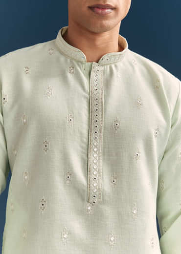 Green Silk Kurta Set For Men With Mirror Embroidery