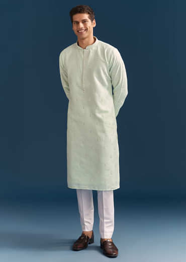 Green Silk Kurta Set For Men With Mirror Embroidery