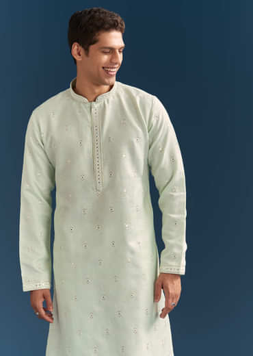 Green Silk Kurta Set For Men With Mirror Embroidery