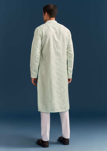 Green Silk Kurta Set For Men With Mirror Embroidery