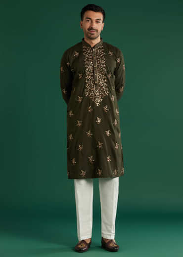 Green Silk Kurta Set For Men With Resham Hand Embroidery
