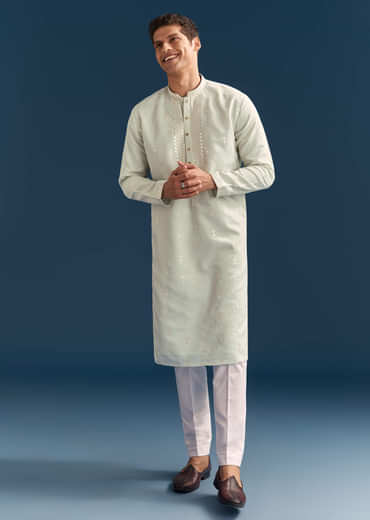 Green Silk Kurta Set For Men With Thread And Mirror Embroidery