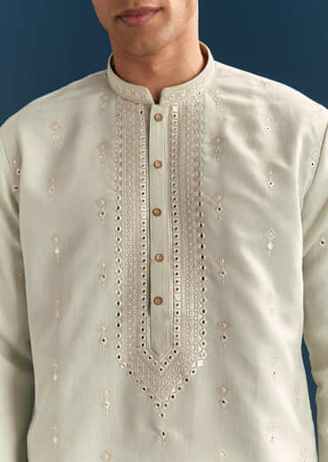 Green Silk Kurta Set For Men With Thread And Mirror Embroidery