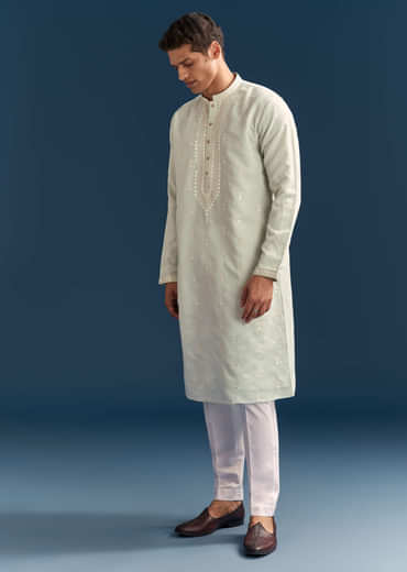Green Silk Kurta Set For Men With Thread And Mirror Embroidery