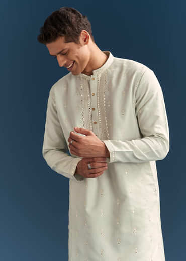 Green Silk Kurta Set For Men With Thread And Mirror Embroidery
