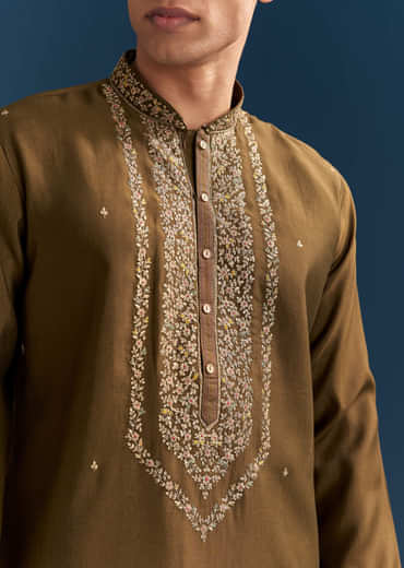 Green Silk Kurta Set For Men With Thread And Resham Work