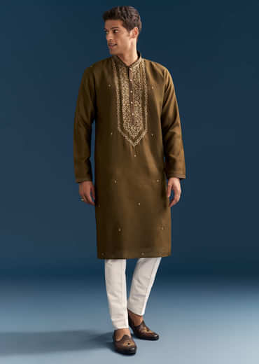 Green Silk Kurta Set For Men With Thread And Resham Work