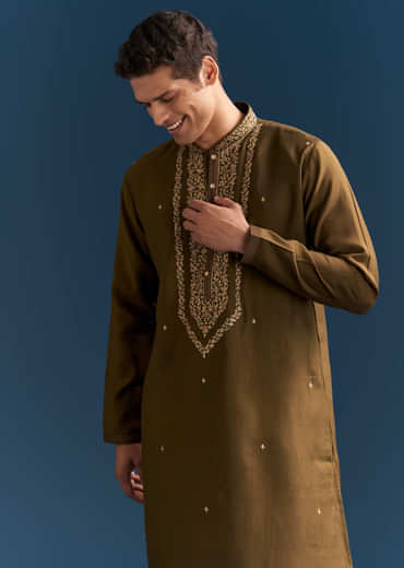 Green Silk Kurta Set For Men With Thread And Resham Work