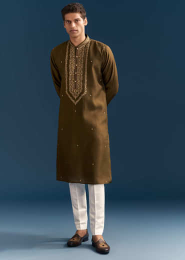 Green Silk Kurta Set For Men With Thread And Resham Work