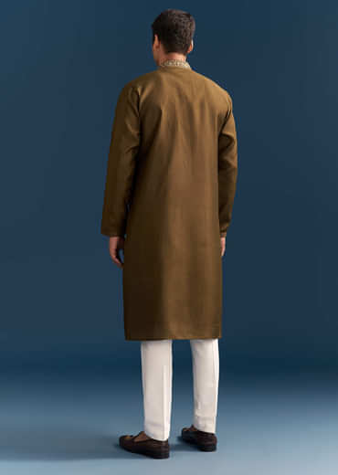 Green Silk Kurta Set For Men With Thread And Resham Work