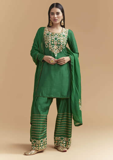 Green Silk Kurta Set With Gota Work