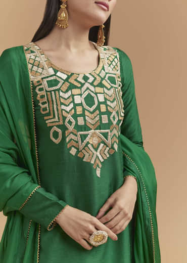 Green Silk Kurta Set With Gota Work