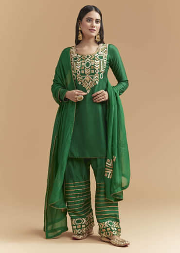 Green Silk Kurta Set With Gota Work