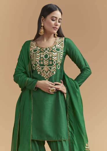 Green Silk Kurta Set With Gota Work