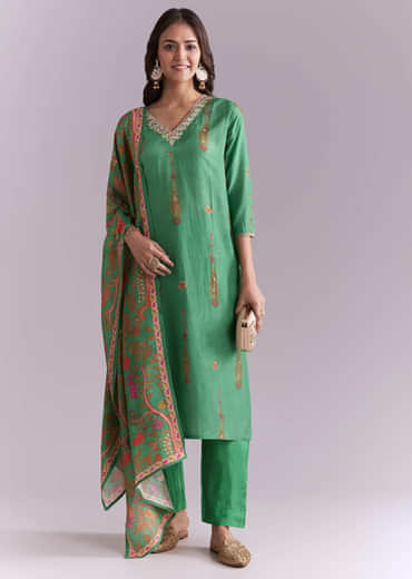 Green Silk Kurta Set With Indie Print And Gota Work