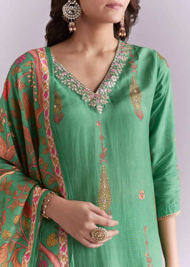 Green Silk Kurta Set With Indie Print And Gota Work