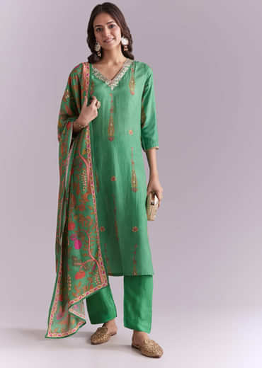 Green Silk Kurta Set With Indie Print And Gota Work