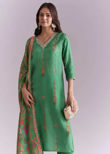 Green Silk Kurta Set With Indie Print And Gota Work