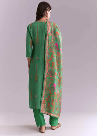 Green Silk Kurta Set With Indie Print And Gota Work