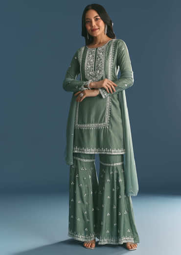 Green Silk Kurta Set With Moti And Cutdana Sharara