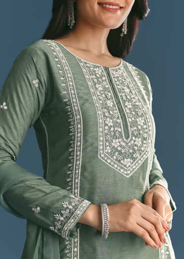 Green Silk Kurta Set With Moti And Cutdana Sharara