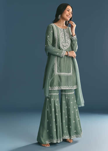 Green Silk Kurta Set With Moti And Cutdana Sharara