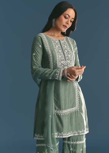 Green Silk Kurta Set With Moti And Cutdana Sharara