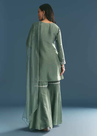 Green Silk Kurta Set With Moti And Cutdana Sharara