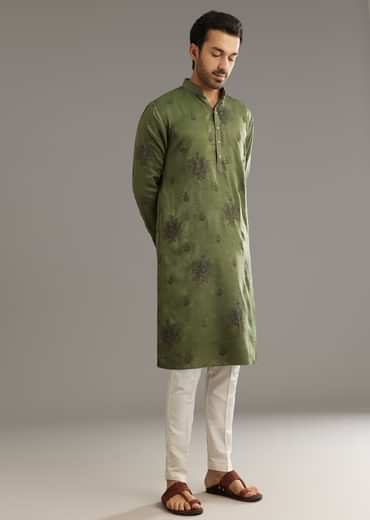 Green Silk Kurta Set With Printed Artwork