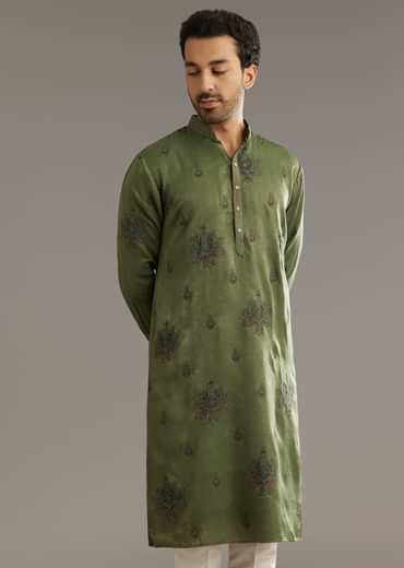 Green Silk Kurta Set With Printed Artwork