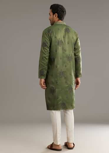 Green Silk Kurta Set With Printed Artwork