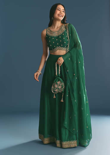 Green Silk Lehenga Choli With Zari And Sequins Work